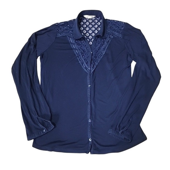 NAF NAF Tops - Naf Naf Button‎ Up Shirt Blue Lace Long Sleeve Western Cowgirl Country M